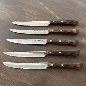 Set of 5 Vintage Flint Stainless Vanadium Steak Knives Wood Handle USA 5” Blade - Picture 1 of 10