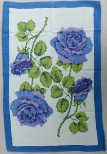 Vintage Linen Tea Towel Purple Blue English Roses Design - Picture 1 of 12