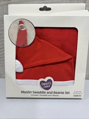 Manta y gorro rojo blanco bebé muselina transpirable 100 % algodón unisex Foto 1 de 4