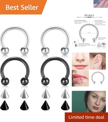 Набор из 4 гипоаллергенных носовых колец из нержавеющей стали с 8 сменными шипами - Изображение 1 из 4