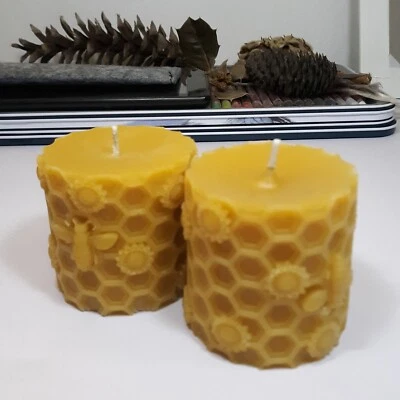 100% Natural Pure Yellow Beeswax 2.5" x 2.5" Honey Bee Pillar Decor Flame Candle - Image 1 of 4
