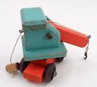 1940s Blue & Orange Wood Wooden Toy Pretend Play Crane Swivels & Rolling Wheels