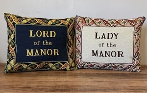 PAST TIMES EMBROIDERED PAIR OF CUSHIONS LORD OF THE MANOR LADY OF THE MANOR SET - Picture 1 of 9