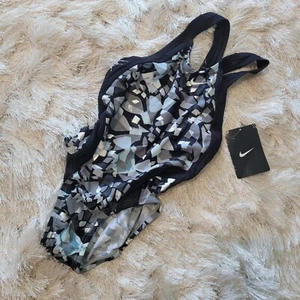 Nike Size 20 Girls 5 One Piece Swimsuit Geometric Pattern Gray Black - Picture 1 of 14