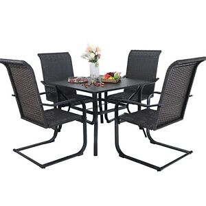 5 Piece Outdoor Dining Set Rattan Wicker Patio Chairs Table with Umbrella Hole