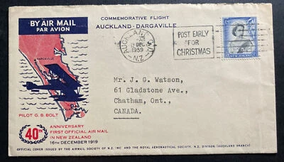 1959 Auckland New Zealand First Day Cover To Chatham Canada Airmail Anniversary - Image 1 of 2