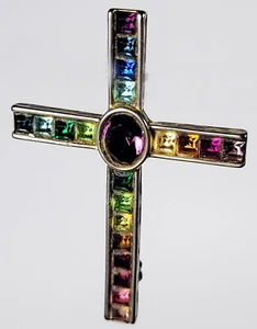 1998 PSCO Regenbogen facettierte Kristall Gold Kreuz Brosche Anstecknadel 2 Zoll - Bild 1 von 9