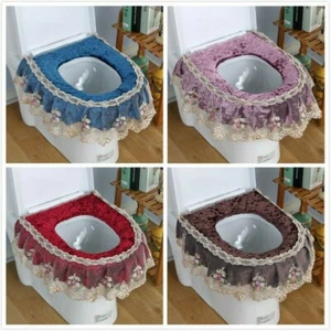 Toilet Seat Cover Zipper Bathroom Lace Embroidery Velvet Lid Pads Warm Soft - Picture 1 of 13
