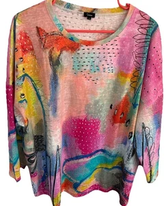 Shana L Tunika Oberteil Mehrfarbig Grafikdruck Pullover 3/4 Arm Strick Neu ohne Etikett - Bild 1 von 5