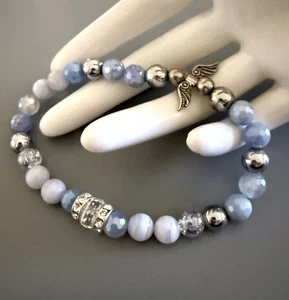 Guardian Angel Natural Blue Quartz Bracelet With Silver Balls  Large Wrists - Picture 1 of 6