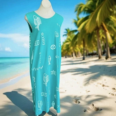 Exist Sport Line Coastal Aqua Fish 贝壳无袖直筒连衣裙,尺寸 L — 第 1/4 张图片