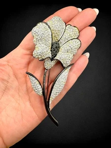Vintage große Napier Iris Blume Brosche Pave Strass schwarz Emaille Anstecknadel - Bild 1 von 5