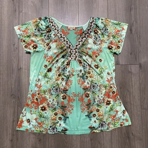 One World Live & Let Live Women’s 3X Top Green Orange Floral Sequin - Picture 1 of 5