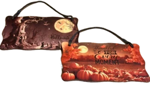 Double Sided 6x10in Wood Sign One Side HALLOWEEN Reverse Side AUTUMN FALL Design - Picture 1 of 5