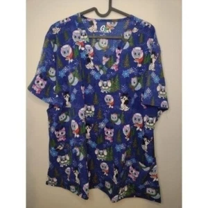 Christmas Cats Dogs V-Neck Short Sleeve Scrub Medical Top Women's Size L NWT - Picture 1 of 3