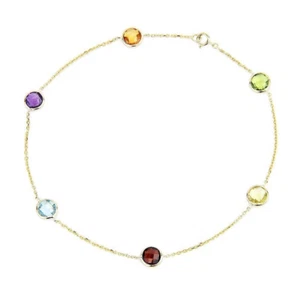 14K Yellow Gold Anklet Bracelet With Colorful Faceted Gemstones 10.5 Inches - Picture 1 of 1