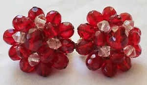 Red Earrings Of Plastic Beads & Brass Clips,1950's Vintage From Western Germany - Picture 1 of 15
