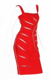 Versace F/W 2004 Runway Red Sheer Mesh Cut Out Studded Cocktail Dress It. 38 - Picture 1 of 12