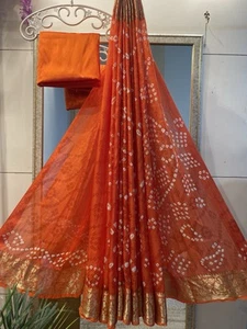 Orange Bandhani Sari Bluse indischer traditioneller ethnischer Sari - Bild 1 von 5