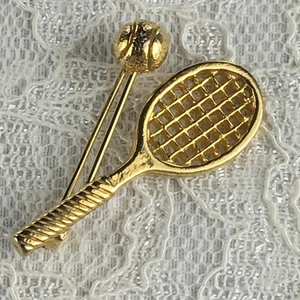 Brooch Smooth Gold Tone Tennis Racquet and Ball Detailed Construction - Picture 1 of 6