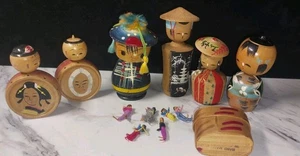 VTG Japanese Kokeshi Dolls Wood  Figures & Miniature Handmade Worry Dolls In Box - Picture 1 of 15