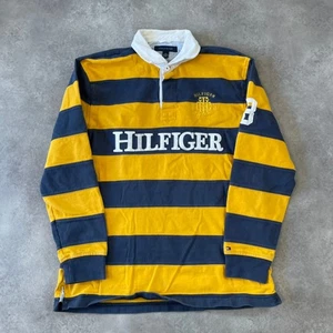 Tommy Hilfiger Rugby Shirt Mens Large Vintage Striped Polo Top, Yellow Blue - Picture 1 of 9