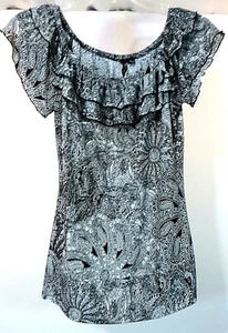Women Sz S Top Black & White Paisley Print By Milano Ruffled Off Shoulder  - Picture 1 of 5