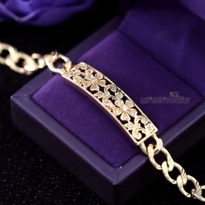 WOMENS FILIGREE FLOWER ID BAR 9K ROSE GOLD GF PATTERNED CURB CHAIN BRACELET 19cm Foto 1 de 4