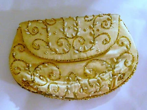 Vintage "Magid" Clutch Purse Gold Beaded Satin - Picture 1 of 4