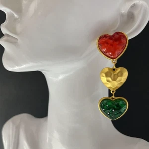 Pierced Poured Resin Dangle Matte Gold Multicolor Red Earrings - Picture 1 of 4