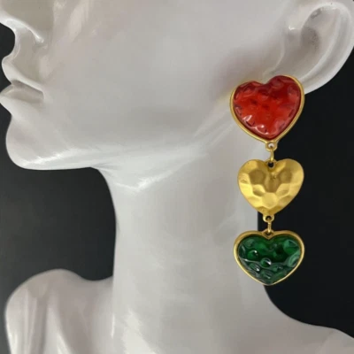 Pierced Poured Resin Dangle Matte Gold Multicolor Red Earrings - Image 1 of 4
