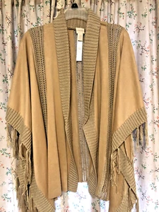 Chico's Faux Suede Tan Ruana Fringe Shawl/Wrap one size fits all - Picture 1 of 1