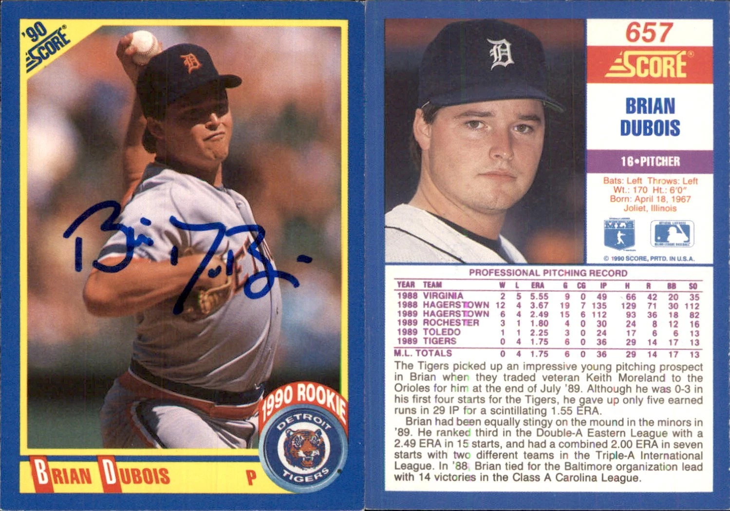 Brian DuBois Signed 1990 Score #657 Card Detroit Tigers Auto AU