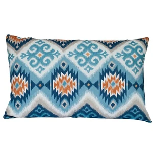Cojín rectangular estampado estilo Navajo Kilim XL. Geométrico azul azulado y naranja. - Imagen 1 de 3
