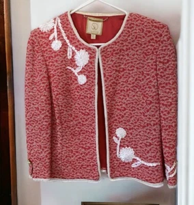 ST. JOHN COUTURE Women’s Red White Beaded Ribbon Jacket Size 4 - Picture 1 of 10