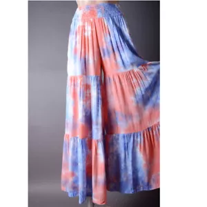 Orange Blue Tie Dye Womens Boho Beach Summer Loose Palazzo Wide Leg Pants L - Picture 1 of 12