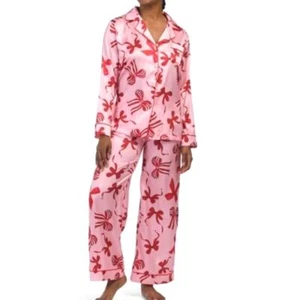 Dalia Macphee Pink Satin Bow Print Notch Collar Pajama Set Women's Medium New - Picture 1 of 2