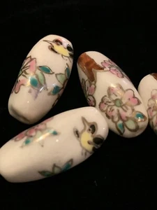 Hand Painted Porcelain Chinese Rare Vintage Bead Flower Blossoms Bird 24mm Tube - Picture 1 of 7