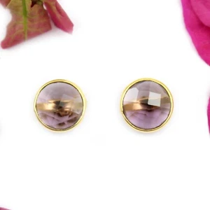 Astonishin Amethyst Quartz Round Shape Gold Plated Stud Earrings Gift For Her - Picture 1 of 3