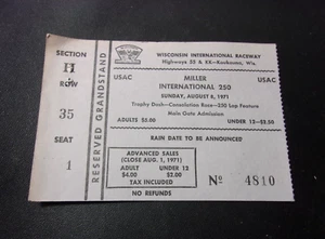 1971 Wisconsin International Speedway Kaukauna Miller International Ticket Stub - Picture 1 of 3