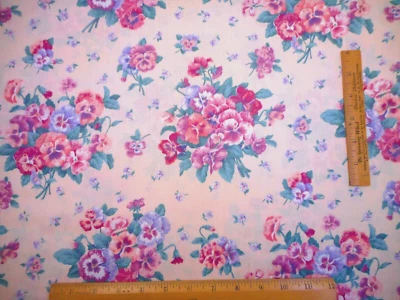 Chintz Fabric 1 3/4 Yard Pink Lt Purple Grn Floral on Lt Pink Polish Cotton Vtg - Image 1 of 2