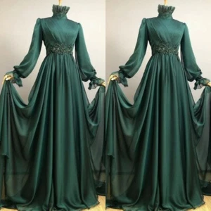 Green Gothic Wedding Dresses Chiffon Long Sleeves High Neck A Line Bridal Gowns - Picture 1 of 11