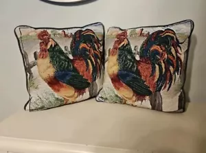 Vintage Rooster Tapestry Throw Pillow Cushion Country Farmhouse Decorative Pair - Picture 1 of 9
