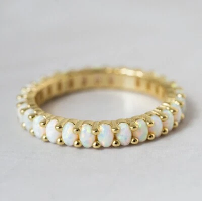 Oval Cut Simulated Fire Opal Stunning Eternity Band Ring 14k Yellow Gold Plated - Image 1 of 4