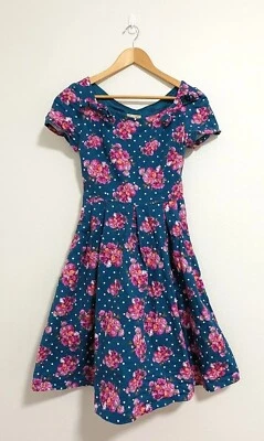 LINDY BOP Size 10 Blue Floral Spots Fit & Flare Swing Retro Midi Dress - image 1 of 4