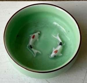 Chinese Tea, Trinket Bowl With Koi Carp Pale Green Ceramic Cute Vintage Item - Picture 1 of 6