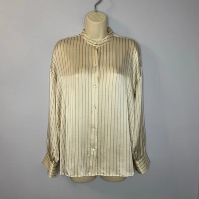 Camisa Vince Seda Rayas Crema Manga Larga Elegante Minimalista Para Mujer S  Foto 1 de 4