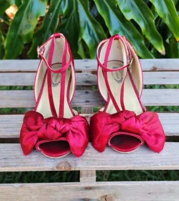Joyfolie Crimson Red Satin Lucia Bow Heels Little Girls Size 12 - Image 1 of 4