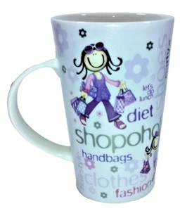 Planet Happy "Shopoholic" Coffee Latte Tea Mug White w/Shopping Pictures Ceramic - Picture 1 of 10
