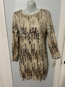 NWT GB Girls Light Tan Mini Dress with Gold Sequins and Long Sleeve Size 16 - Picture 1 of 5
